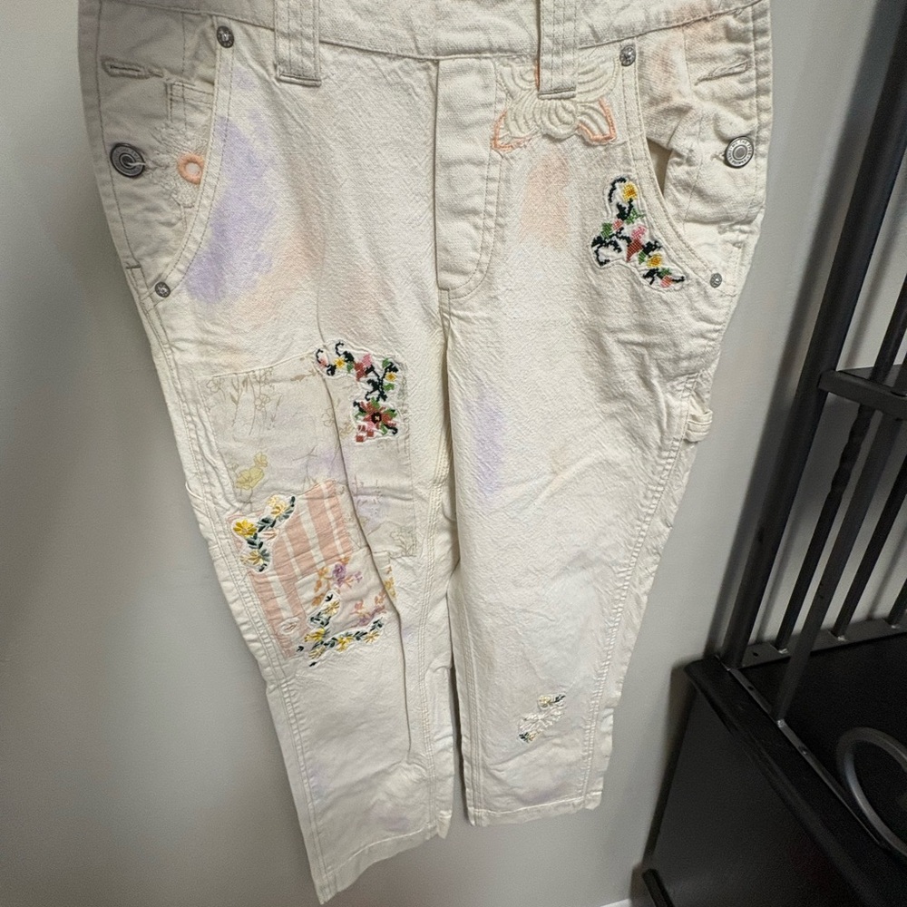 Free People Cream Embroidered Jeans